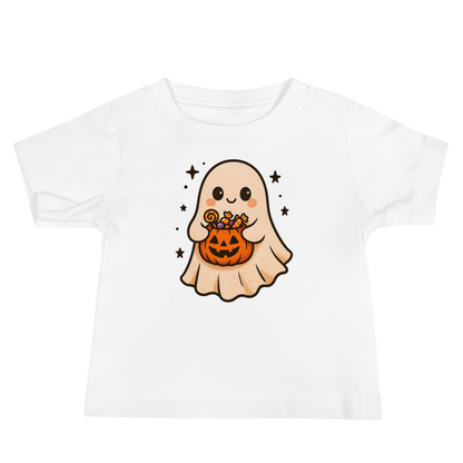 Trick-or-Treating Happy Ghost Baby Tee – Halloween Short Sleeve Shirt (6–24M, Black, Blue, Pink, White)