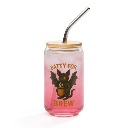 Batty for Brew 16oz Can-Shaped Glass – Halloween Coffee & Beer Glass with Lid and Straw Option