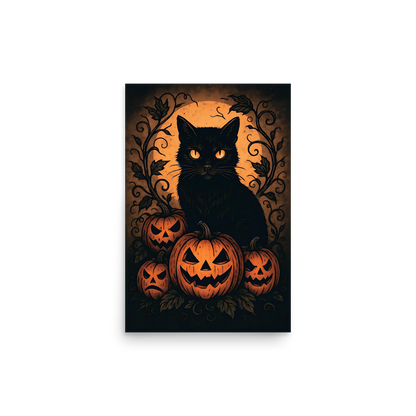 Halloween Harvest Cat Poster – Spooky Black Cat & Pumpkin Wall Art (Multiple Sizes)