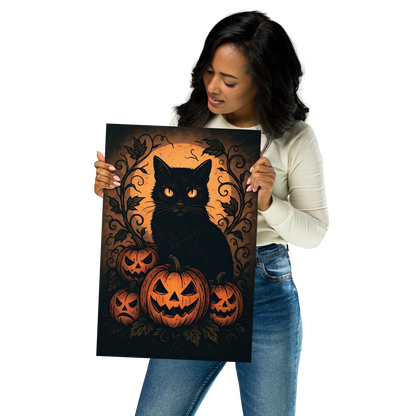 Halloween Harvest Cat Poster – Spooky Black Cat & Pumpkin Wall Art (Multiple Sizes)