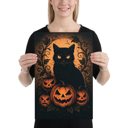 Halloween Harvest Cat Poster – Spooky Black Cat & Pumpkin Wall Art (Multiple Sizes)