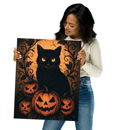 Halloween Harvest Cat Poster – Spooky Black Cat & Pumpkin Wall Art (Multiple Sizes)