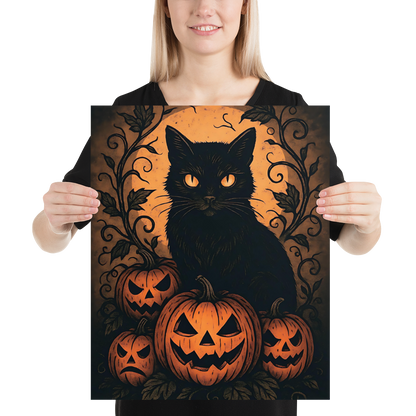 Halloween Harvest Cat Poster – Spooky Black Cat & Pumpkin Wall Art (Multiple Sizes)