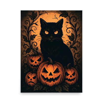 Halloween Harvest Cat Poster – Spooky Black Cat & Pumpkin Wall Art (Multiple Sizes)