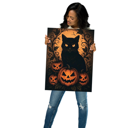 Halloween Harvest Cat Poster – Spooky Black Cat & Pumpkin Wall Art (Multiple Sizes)
