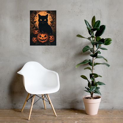 Halloween Harvest Cat Poster – Spooky Black Cat & Pumpkin Wall Art (Multiple Sizes)