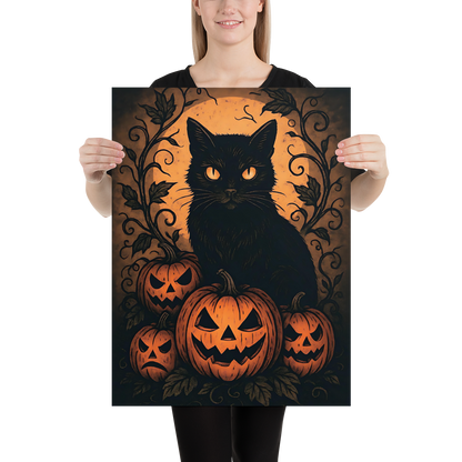 Halloween Harvest Cat Poster – Spooky Black Cat & Pumpkin Wall Art (Multiple Sizes)