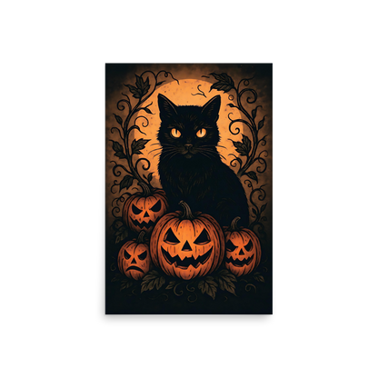 Halloween Harvest Cat Poster – Spooky Black Cat & Pumpkin Wall Art (Multiple Sizes)