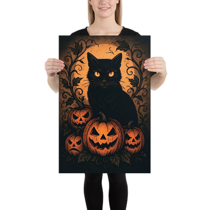 Halloween Harvest Cat Poster – Spooky Black Cat & Pumpkin Wall Art (Multiple Sizes)