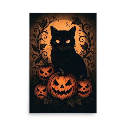 Halloween Harvest Cat Poster – Spooky Black Cat & Pumpkin Wall Art (Multiple Sizes)