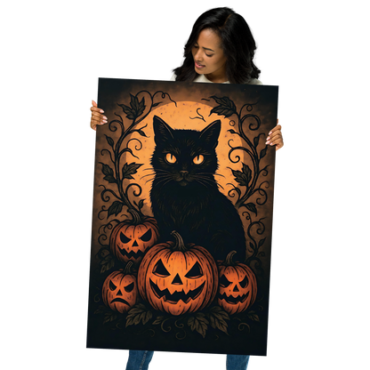 Halloween Harvest Cat Poster – Spooky Black Cat & Pumpkin Wall Art (Multiple Sizes)