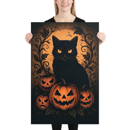 Halloween Harvest Cat Poster – Spooky Black Cat & Pumpkin Wall Art (Multiple Sizes)