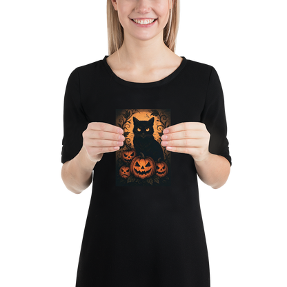 Halloween Harvest Cat Poster – Spooky Black Cat & Pumpkin Wall Art (Multiple Sizes)