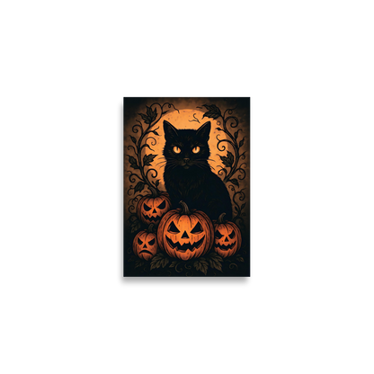 Halloween Harvest Cat Poster – Spooky Black Cat & Pumpkin Wall Art (Multiple Sizes)