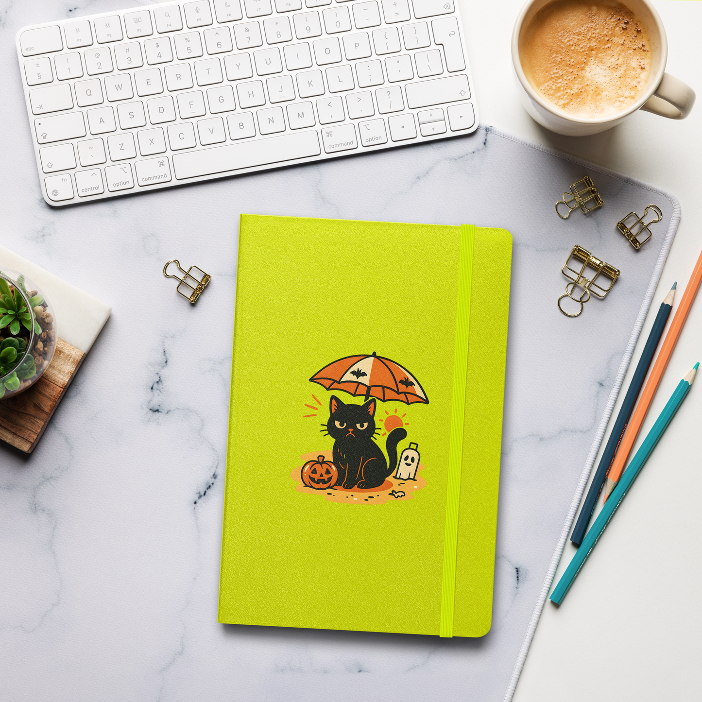 Summerween Harvest Cat Hardcover Notebook – Grumpy Black Cat Beach JournalBook
