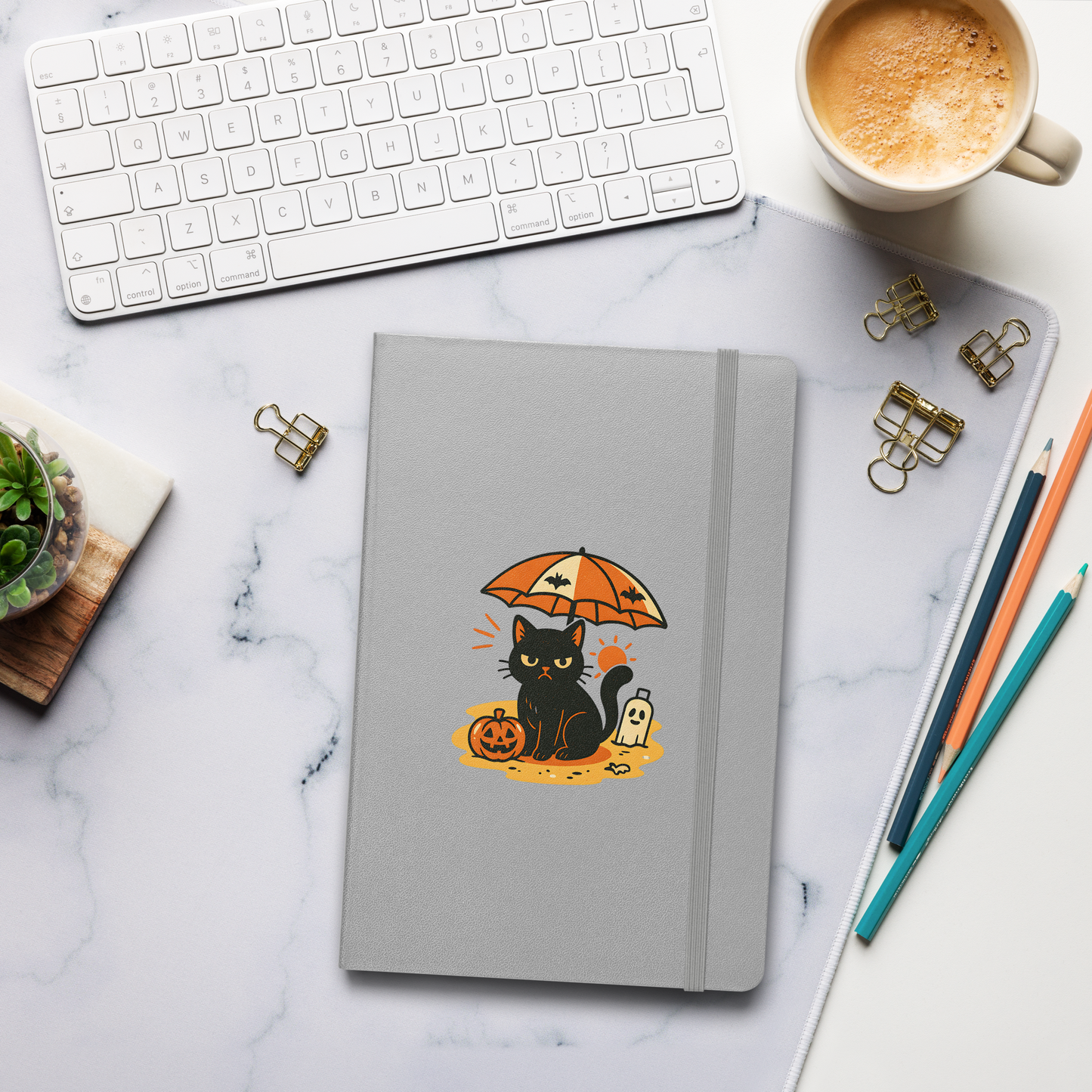 Summerween Harvest Cat Hardcover Notebook – Grumpy Black Cat Beach JournalBook