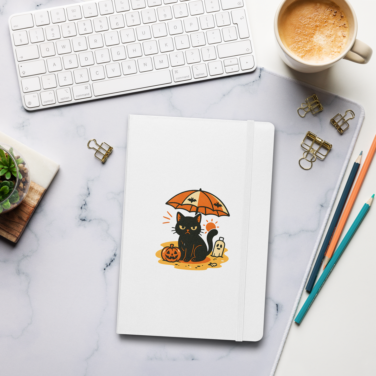 Summerween Harvest Cat Hardcover Notebook – Grumpy Black Cat Beach JournalBook