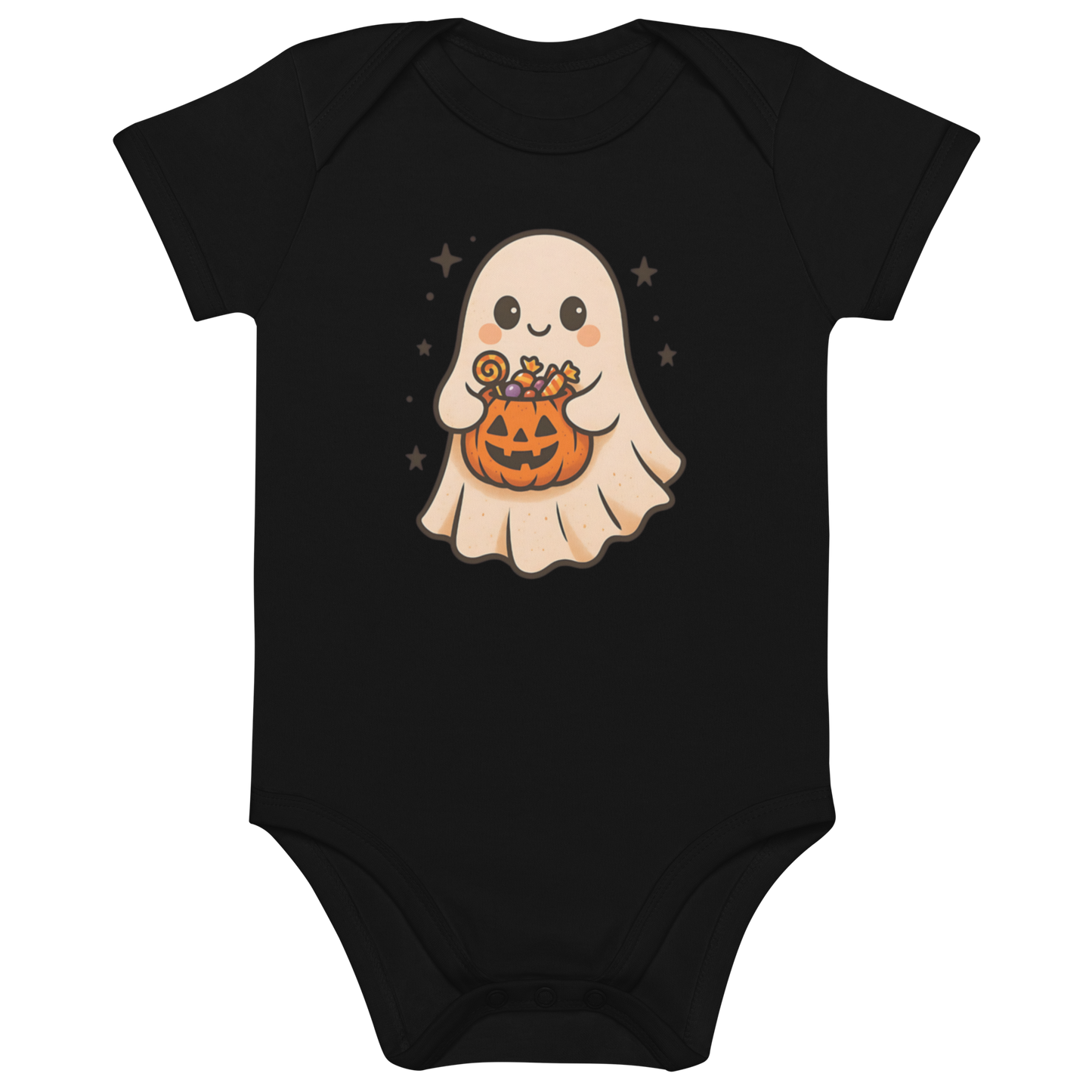 Trick-or-Treating Happy Ghost Baby Bodysuit – Organic Cotton Halloween Onesie (Sizes 3–18M, Black, Natural, White)