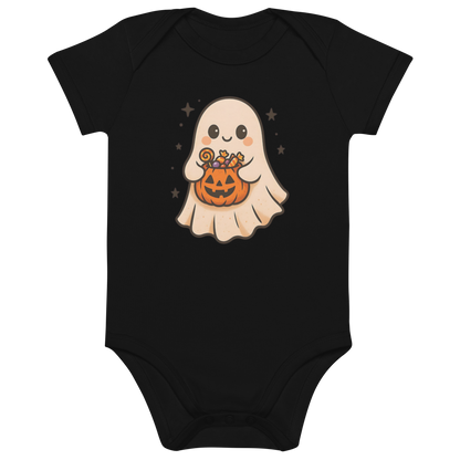 Trick-or-Treating Happy Ghost Baby Bodysuit – Organic Cotton Halloween Onesie (Sizes 3–18M, Black, Natural, White)
