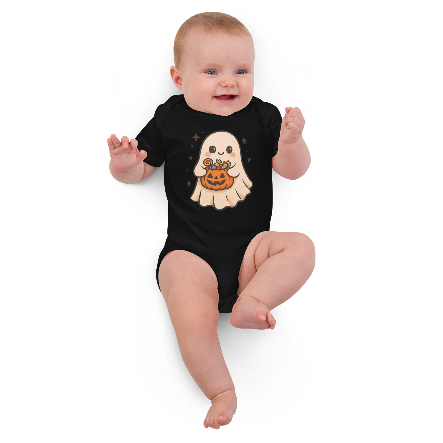 Trick-or-Treating Happy Ghost Baby Bodysuit – Organic Cotton Halloween Onesie (Sizes 3–18M, Black, Natural, White)