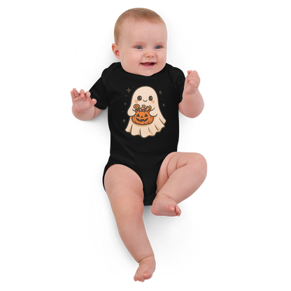 Trick-or-Treating Happy Ghost Baby Bodysuit – Organic Cotton Halloween Onesie (Sizes 3–18M, Black, Natural, White)