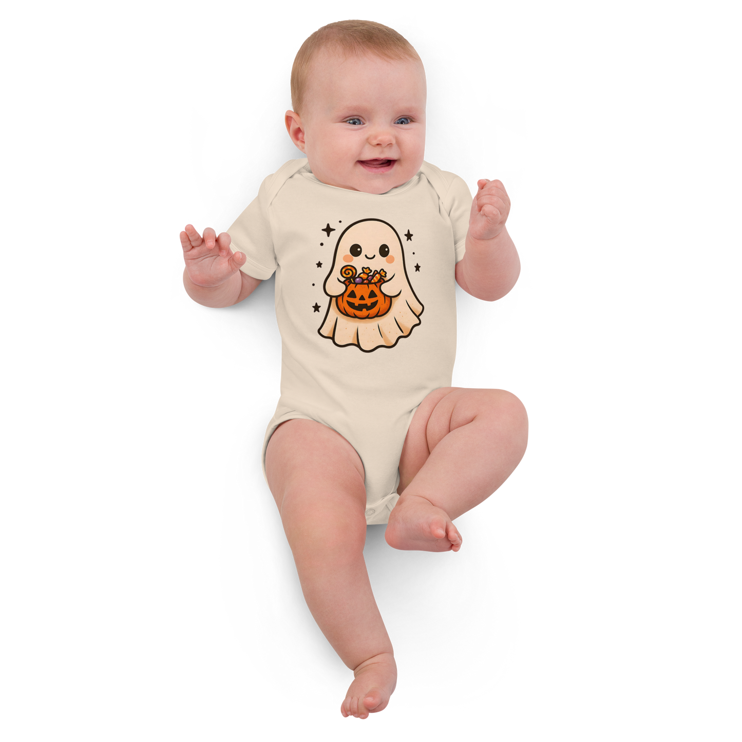 Trick-or-Treating Happy Ghost Baby Bodysuit – Organic Cotton Halloween Onesie (Sizes 3–18M, Black, Natural, White)