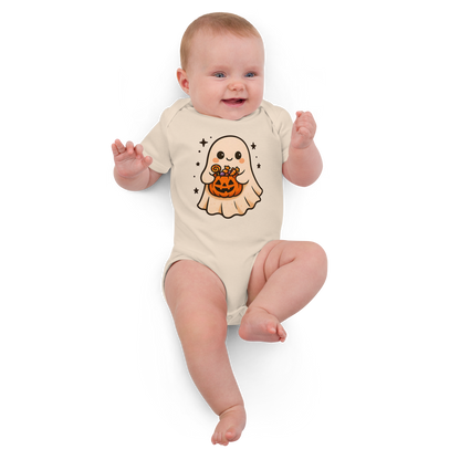 Trick-or-Treating Happy Ghost Baby Bodysuit – Organic Cotton Halloween Onesie (Sizes 3–18M, Black, Natural, White)