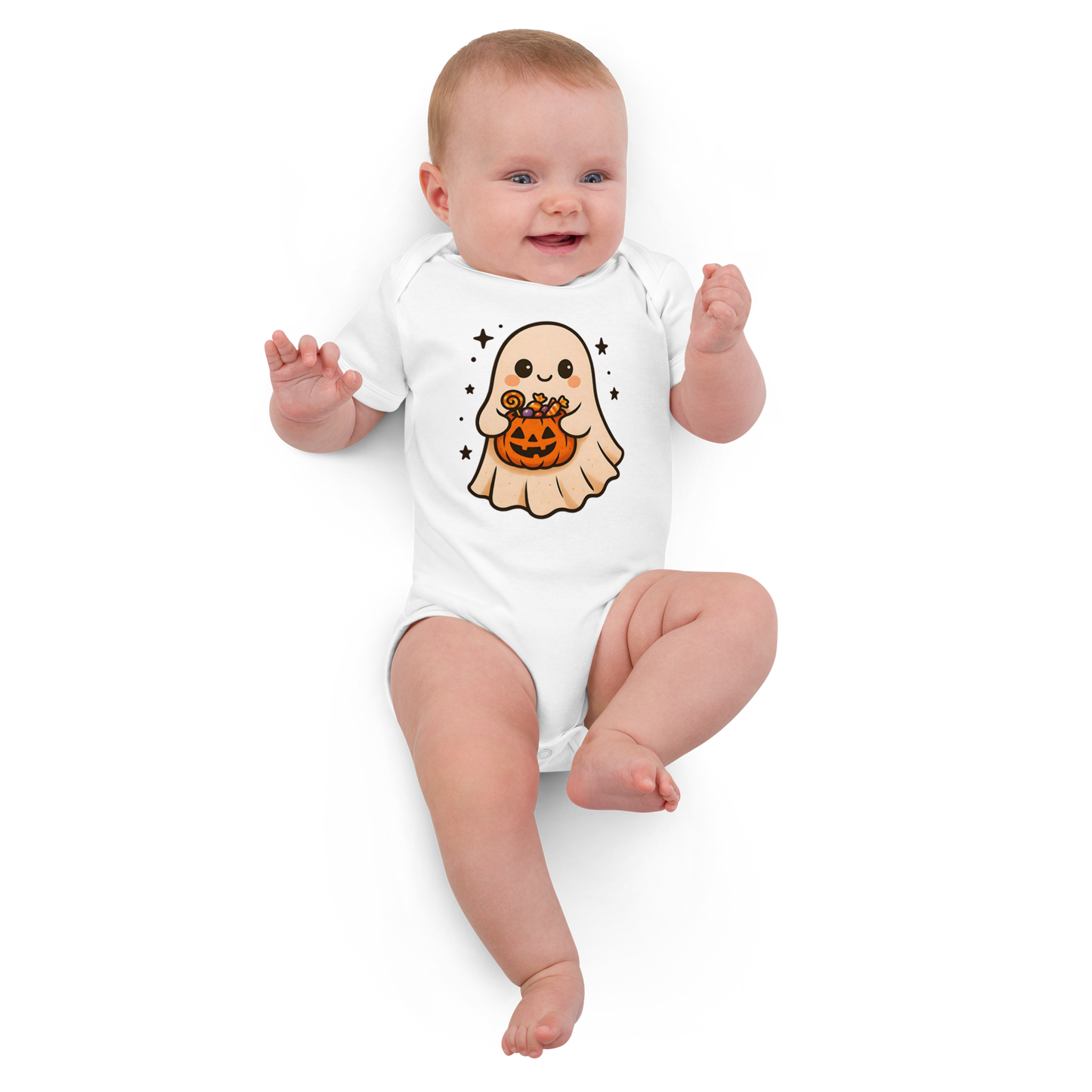 Trick-or-Treating Happy Ghost Baby Bodysuit – Organic Cotton Halloween Onesie (Sizes 3–18M, Black, Natural, White)