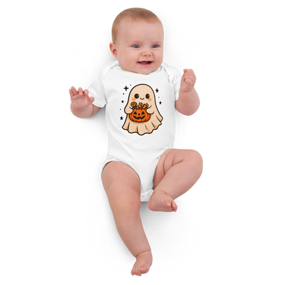 Trick-or-Treating Happy Ghost Baby Bodysuit – Organic Cotton Halloween Onesie (Sizes 3–18M, Black, Natural, White)