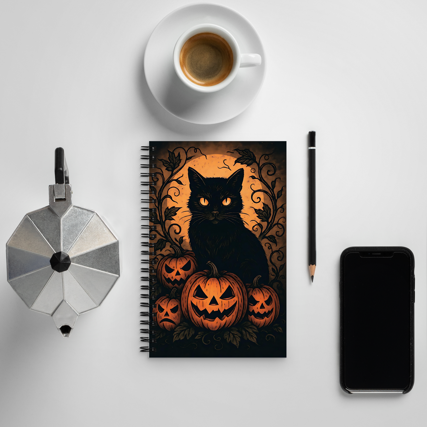 Halloween Harvest Cat Spiral Notebook – 5.5"x8.5" Jack-o'-Lantern Black Cat Journal for Fall & Spooky Season