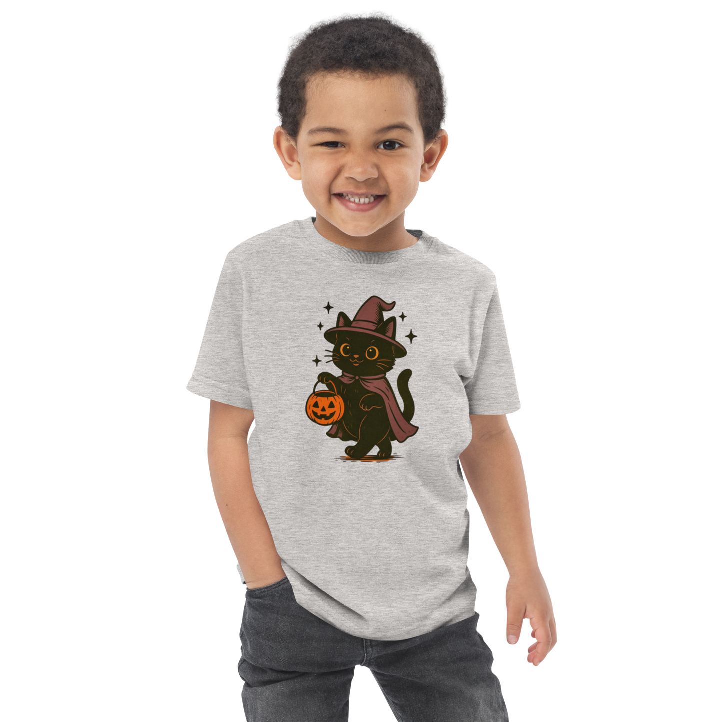 Trick-or-Treating Witch Kitty Toddler T-Shirt – Halloween Cat Tee for Kids (Sizes 2T–6T, Heather, White, Light Blue)