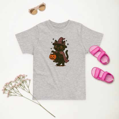 Trick-or-Treating Witch Kitty Toddler T-Shirt – Halloween Cat Tee for Kids (Sizes 2T–6T, Heather, White, Light Blue)