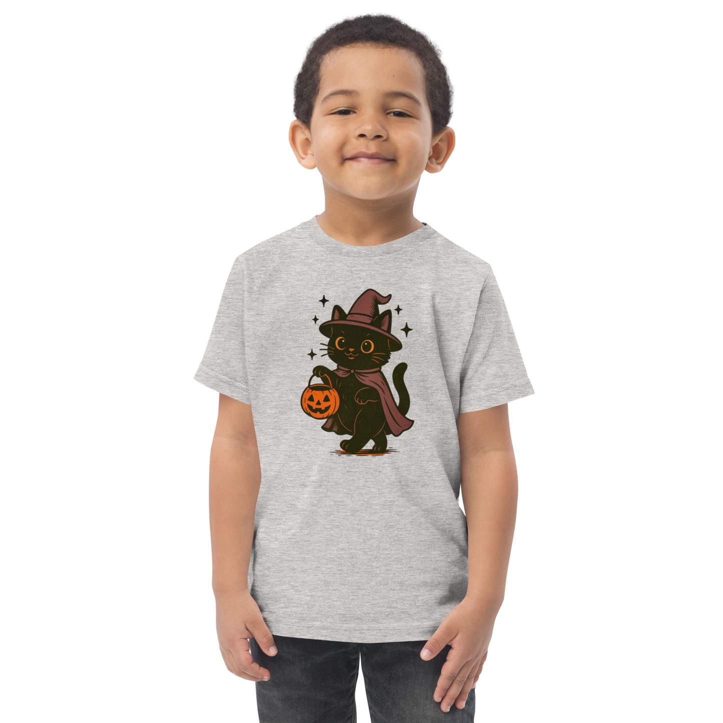 Trick-or-Treating Witch Kitty Toddler T-Shirt – Halloween Cat Tee for Kids (Sizes 2T–6T, Heather, White, Light Blue)