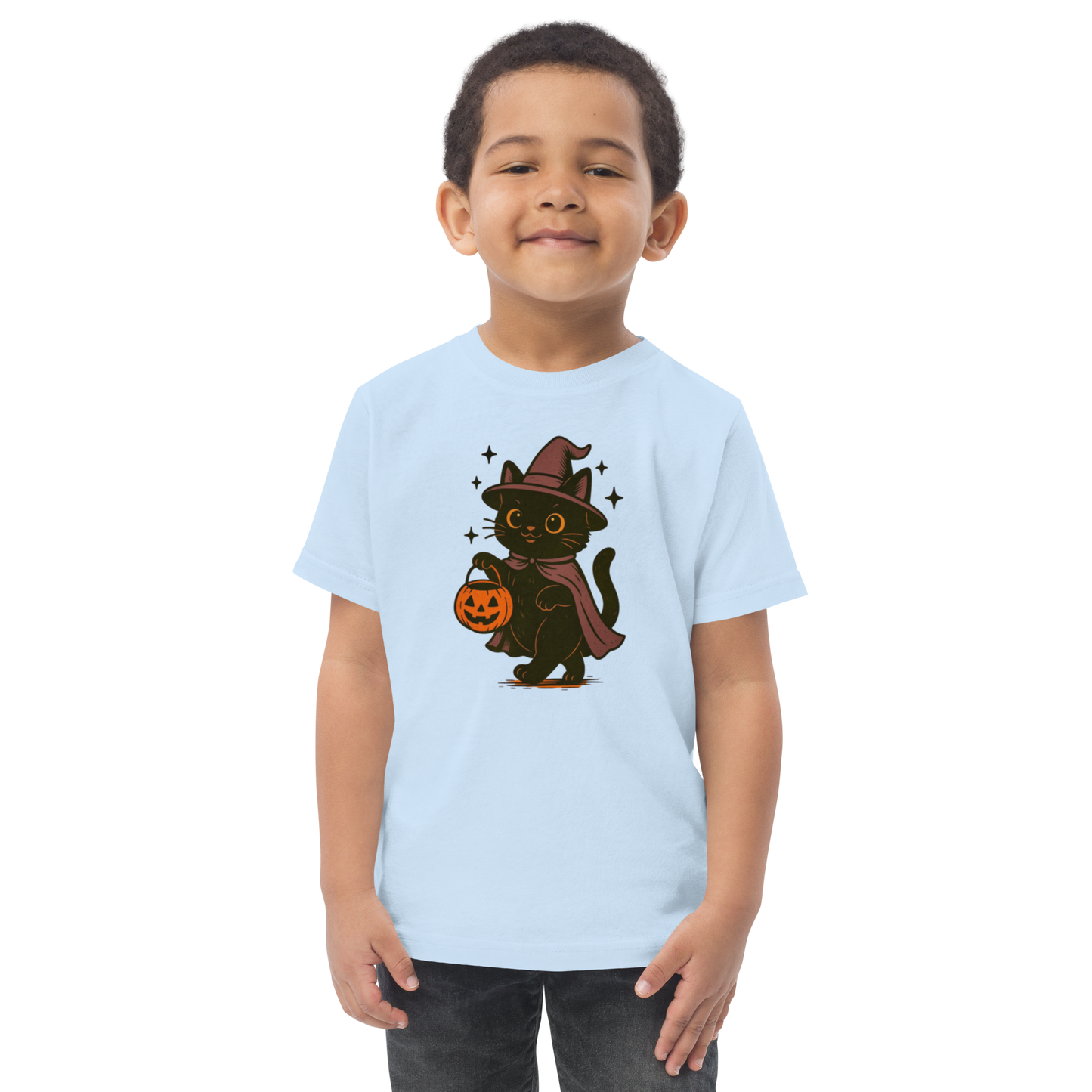 Trick-or-Treating Witch Kitty Toddler T-Shirt – Halloween Cat Tee for Kids (Sizes 2T–6T, Heather, White, Light Blue)