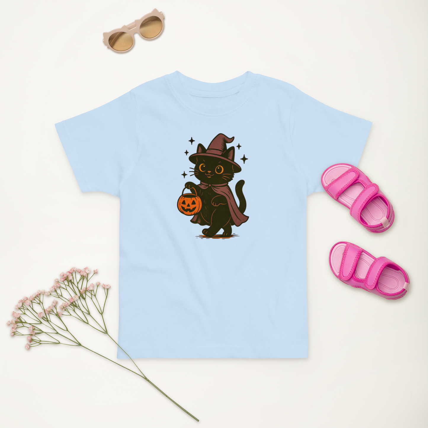 Trick-or-Treating Witch Kitty Toddler T-Shirt – Halloween Cat Tee for Kids (Sizes 2T–6T, Heather, White, Light Blue)