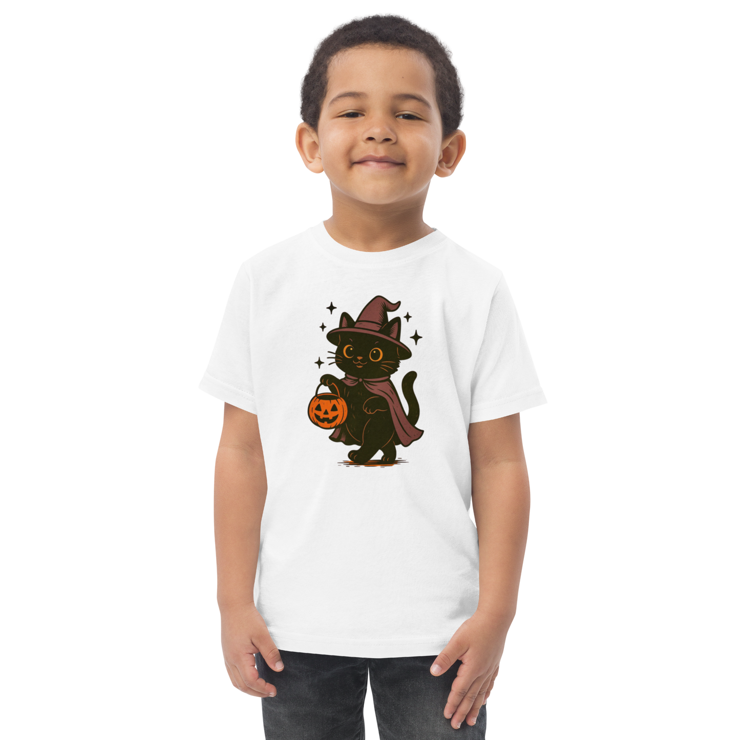 Trick-or-Treating Witch Kitty Toddler T-Shirt – Halloween Cat Tee for Kids (Sizes 2T–6T, Heather, White, Light Blue)