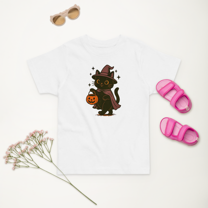Trick-or-Treating Witch Kitty Toddler T-Shirt – Halloween Cat Tee for Kids (Sizes 2T–6T, Heather, White, Light Blue)