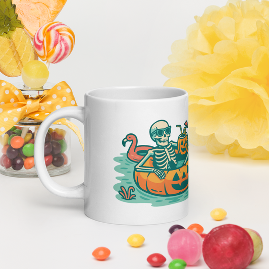 Summerween Skeleton Mug – Glossy White Halloween Pool Vibes (11oz, 15oz, 20oz)