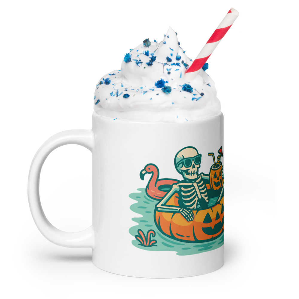 Summerween Skeleton Mug – Glossy White Halloween Pool Vibes (11oz, 15oz, 20oz)