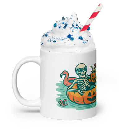Summerween Skeleton Mug – Glossy White Halloween Pool Vibes (11oz, 15oz, 20oz)