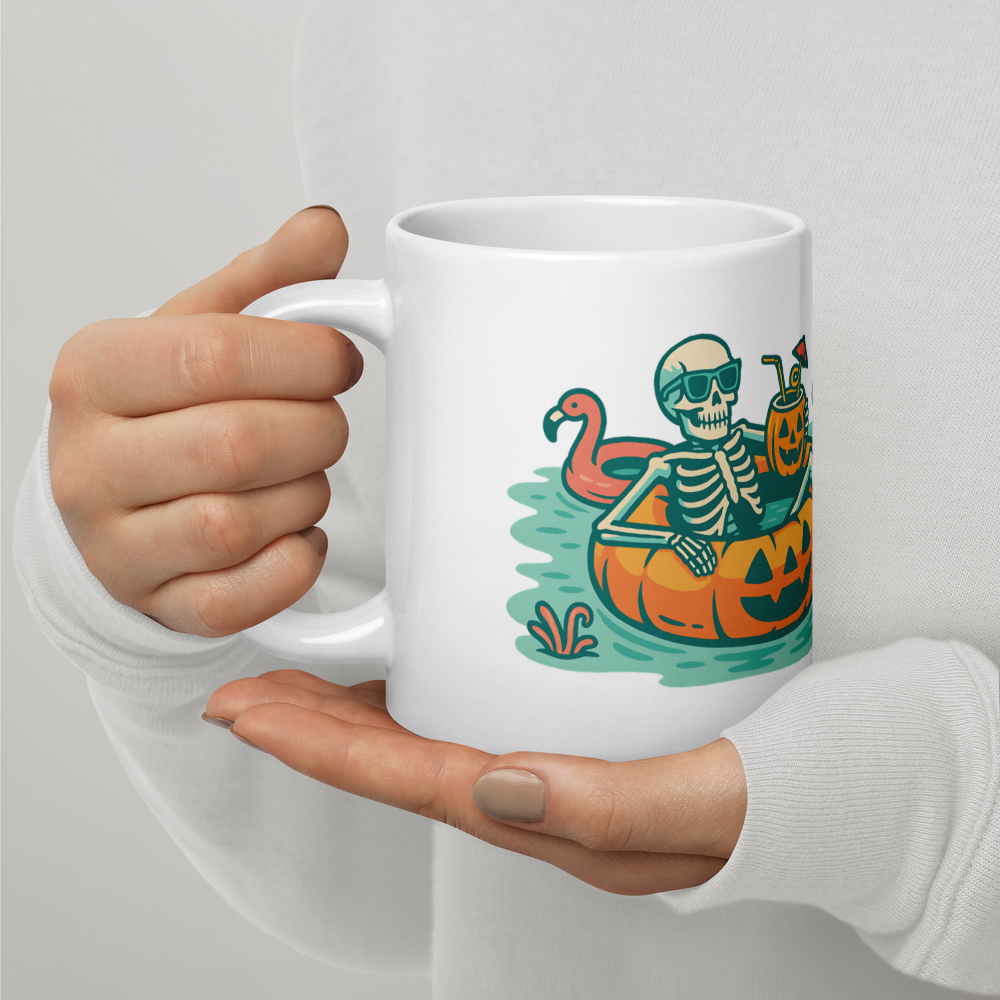 Summerween Skeleton Mug – Glossy White Halloween Pool Vibes (11oz, 15oz, 20oz)